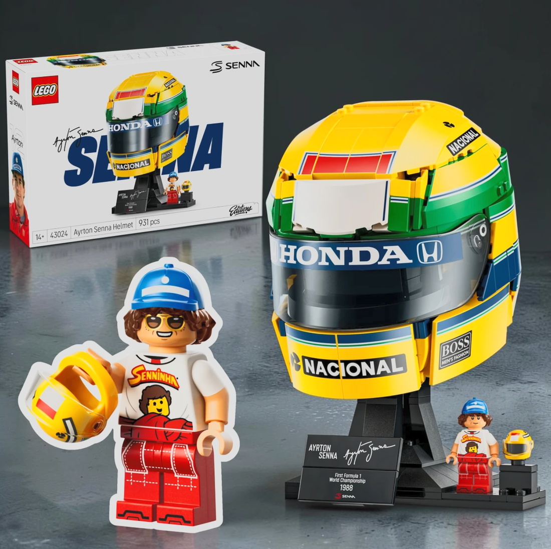LEGO 43024 Ayrton Senna Helmet display inspired by Senna’s iconic Formula 1 racing colors