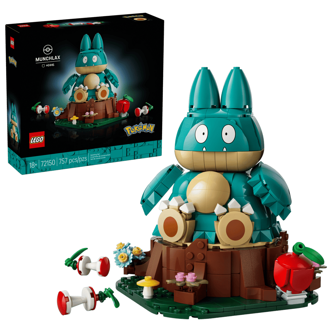 LEGO 72150 Pokémon Munchlax displayed with its tree stump and apple snack scene