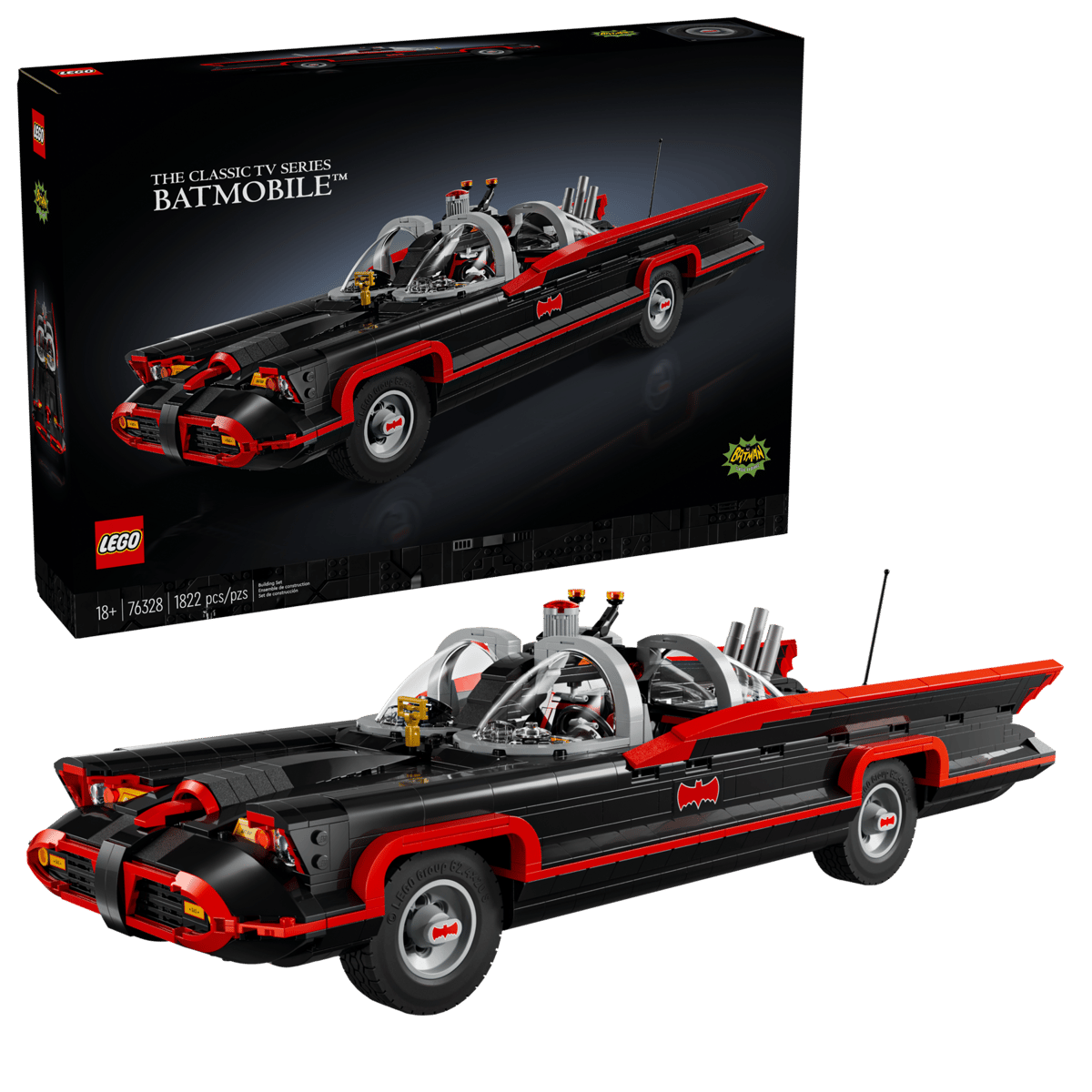 LEGO Batman The Classic TV Series Batmobile 76328 with long black body and red detailing