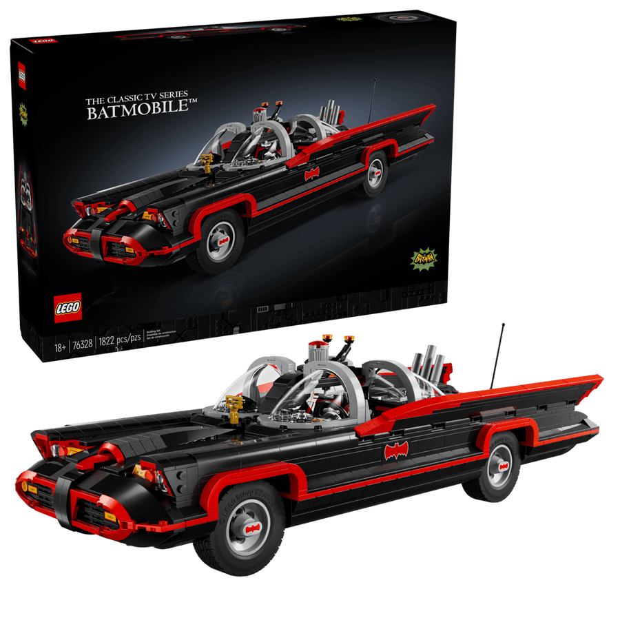LEGO Batman The Classic TV Series Batmobile 76328 with long black body and red detailing