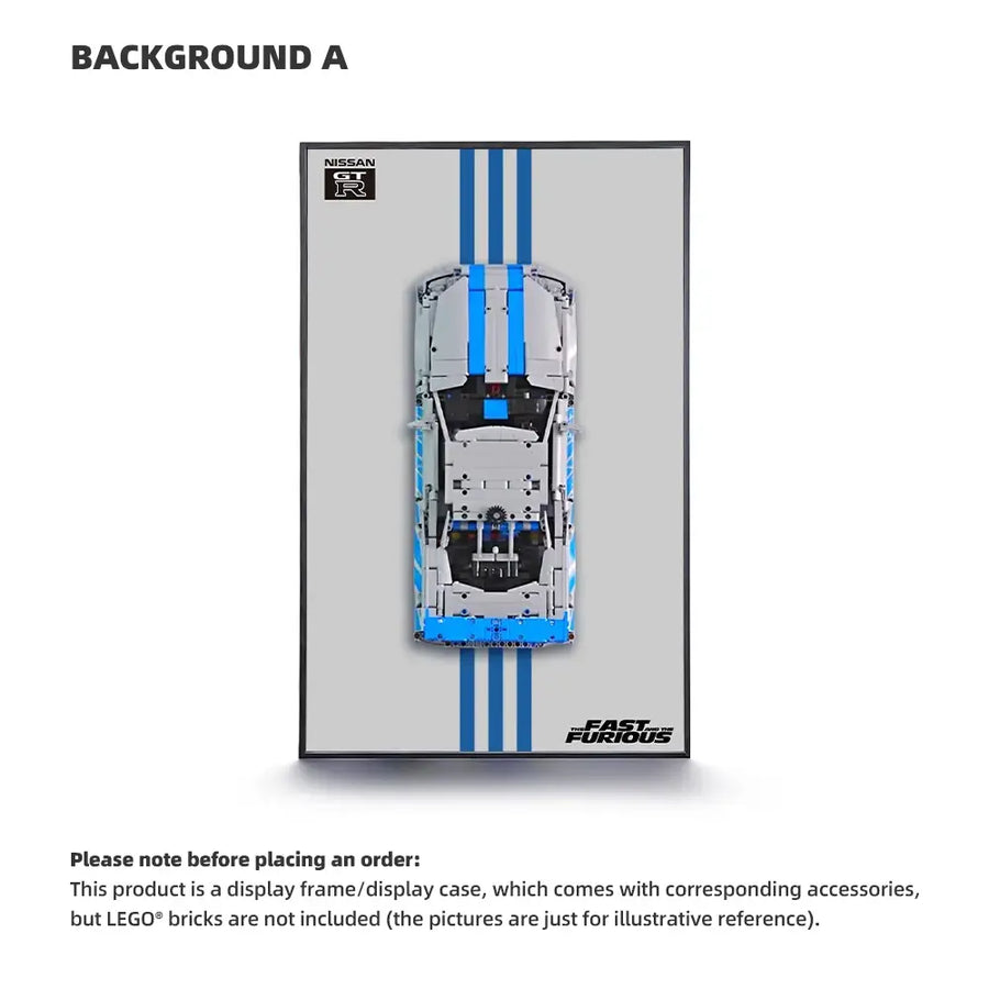 Wall-mounted display frame for LEGO 2 Fast 2 Furious Nissan Skyline GT-R R34 (42210)