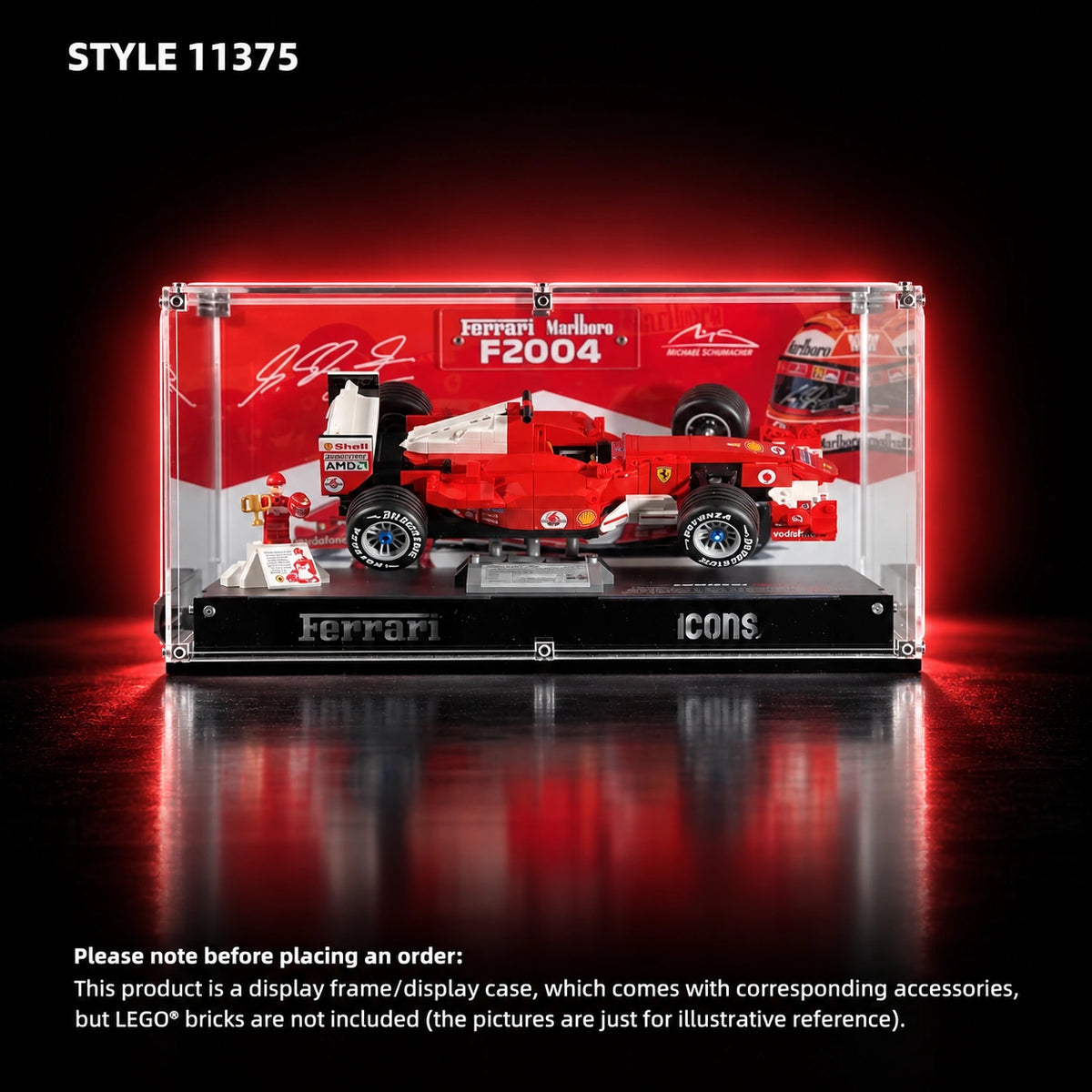 Display case for LEGO Icons: F1 Legends (10330, 10353, 11375) — Ferrari F2004 & Michael Schumacher 11375.
