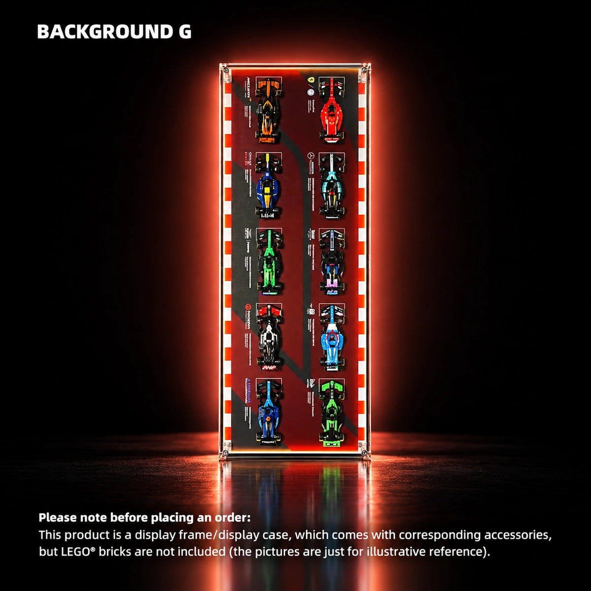 LEGO Speed Champions display frame — 2025 PLUS display version — All Speed G, 47.2 × 17.7 inches/ LED USB Version (Powered by Plug or Power Bank).
