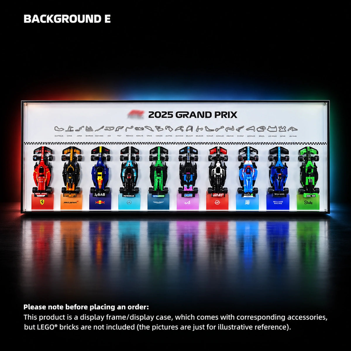 LEGO Speed Champions display frame — 2025 PLUS display version — All Speed E, 47.2 × 17.7 inches/ LED USB Version (Powered by Plug or Power Bank).