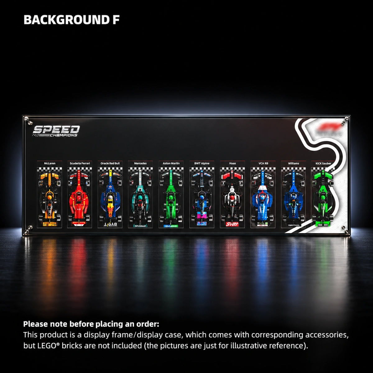 LEGO Speed Champions display frame — 2025 PLUS display version — All Speed F, 47.2 × 17.7 inches/ LED USB Version (Powered by Plug or Power Bank).