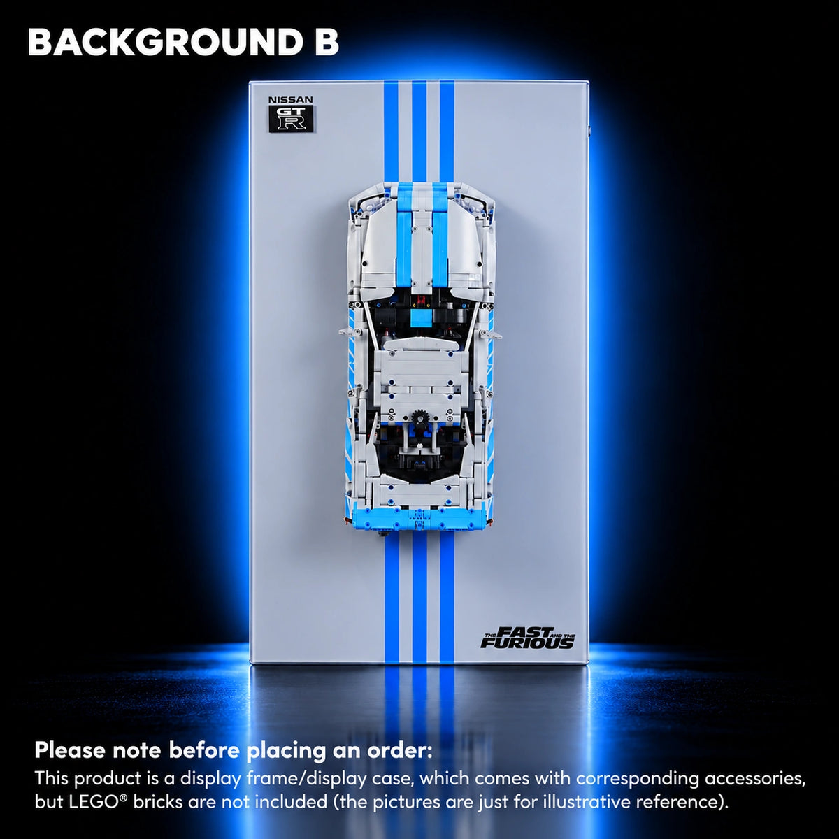 Floating-style display frame for LEGO Technic Nissan Skyline GT-R R34 Car (42210).