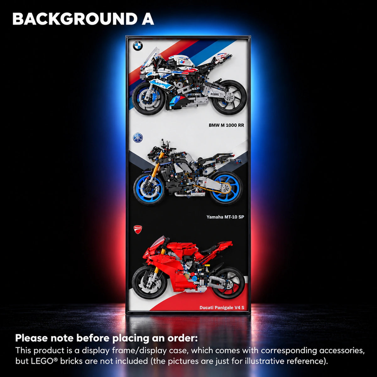 Wall Display Frame for 3 LEGO Technic Motorcycles (42130, 42202, 42159) — Motorcycle A.