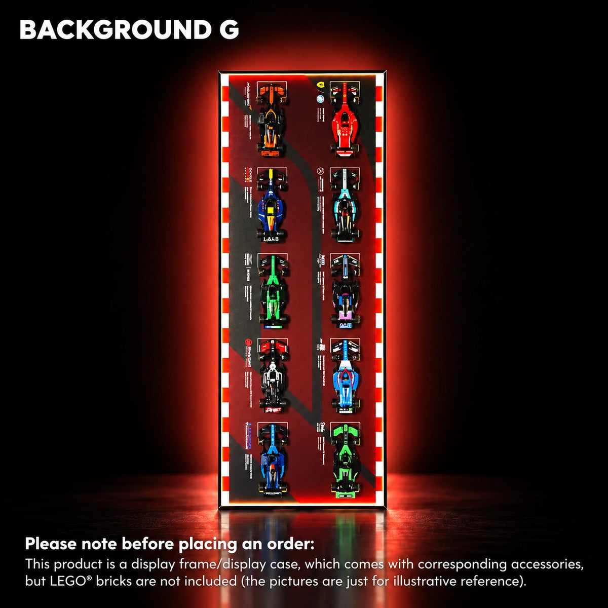 LEGO Speed Champions display frame — 2025 PLUS race style display version — All Speed G, 47.2 × 17.7 inches/ LED USB Version (Powered by Plug or Power Bank).