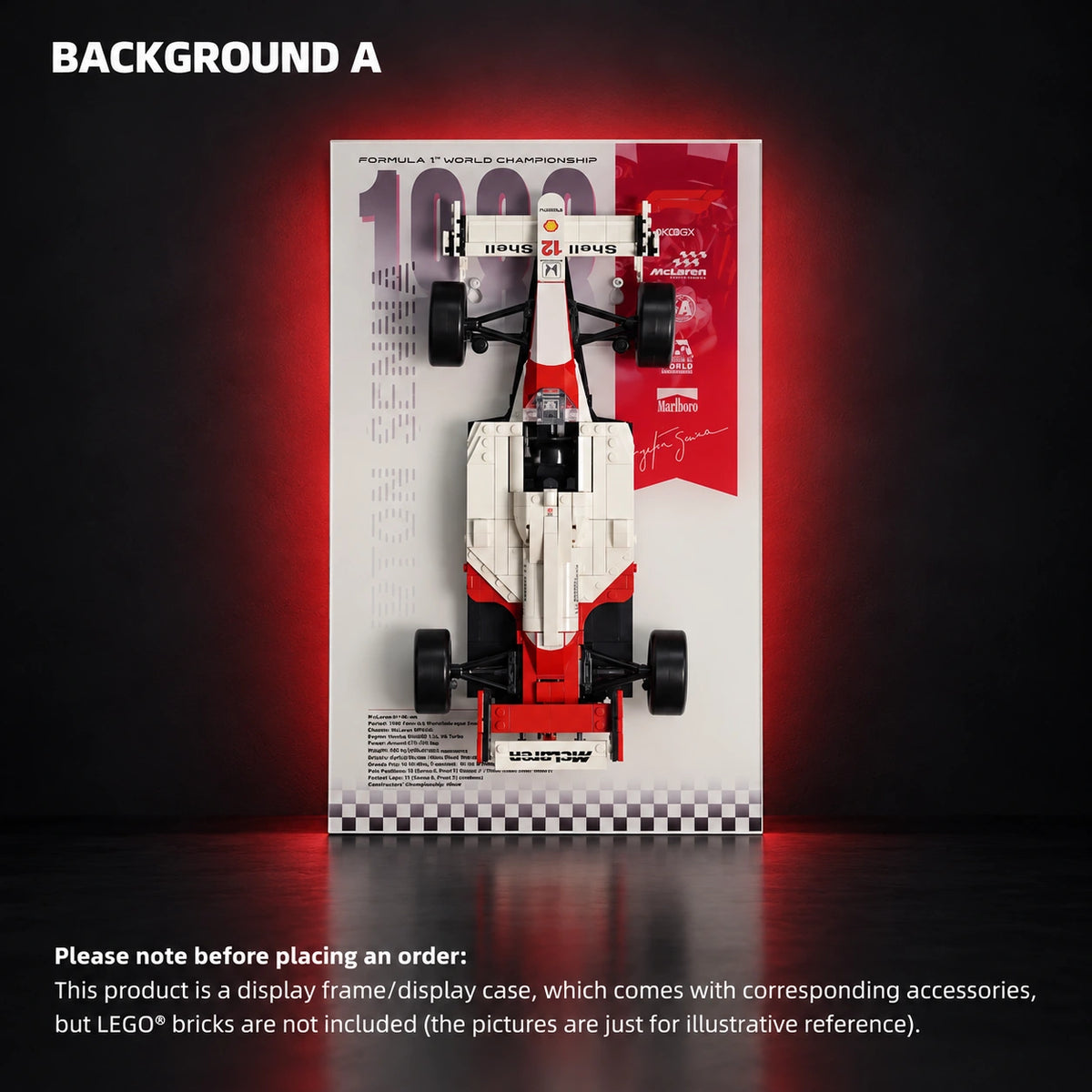 Acrylic display frame for LEGO Icons: F1 Legends (10330, 10353, 11375) — McLaren MP4/4 & Ayrton Senna 10330.