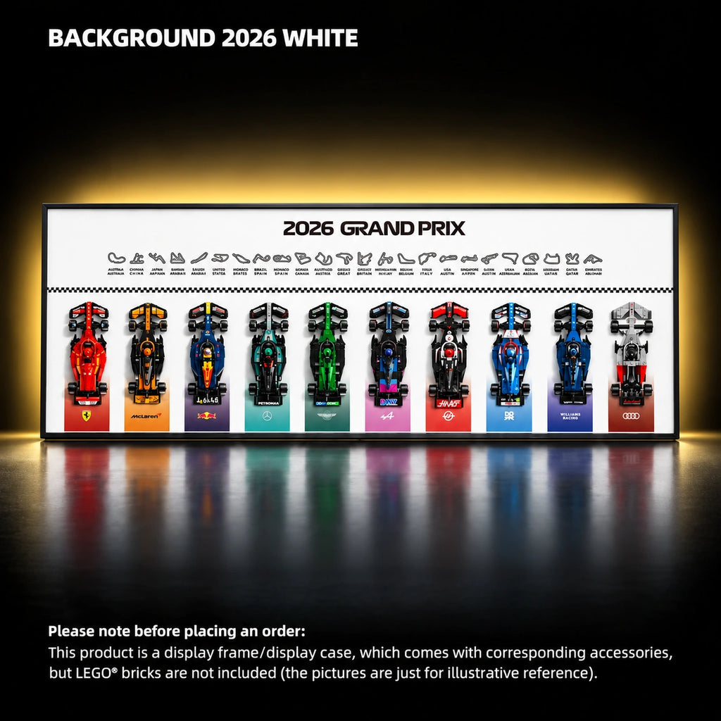 LEGO Speed Champions display frame — 2026 PLUS display version — All Speed 2026 WHITE, 47.2 × 17.7 inches/ LED USB Version (Powered by Plug or Power Bank).