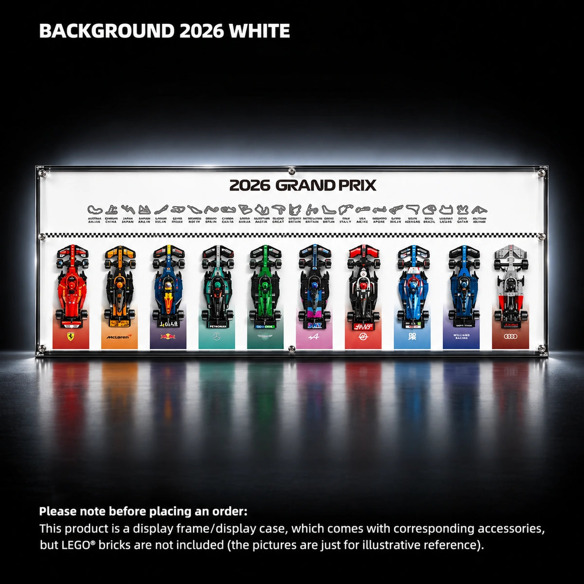 LEGO Speed Champions display frame — 2026 PLUS display version — All Speed 2026 WHITE, 47.2 × 17.7 inches/ LED USB Version (Powered by Plug or Power Bank).