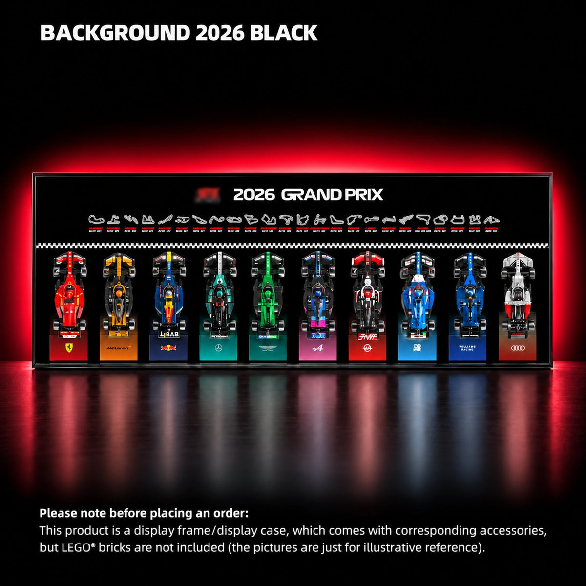 LEGO Speed Champions display frame — 2026 PLUS display version — All Speed 2026 BLACK, 47.2 × 17.7 inches/ LED USB Version (Powered by Plug or Power Bank).