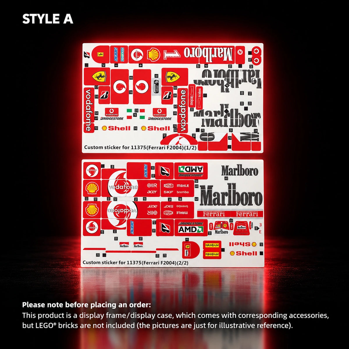 Decal sticker sheet for LEGO Icons F1 Legends 11375.