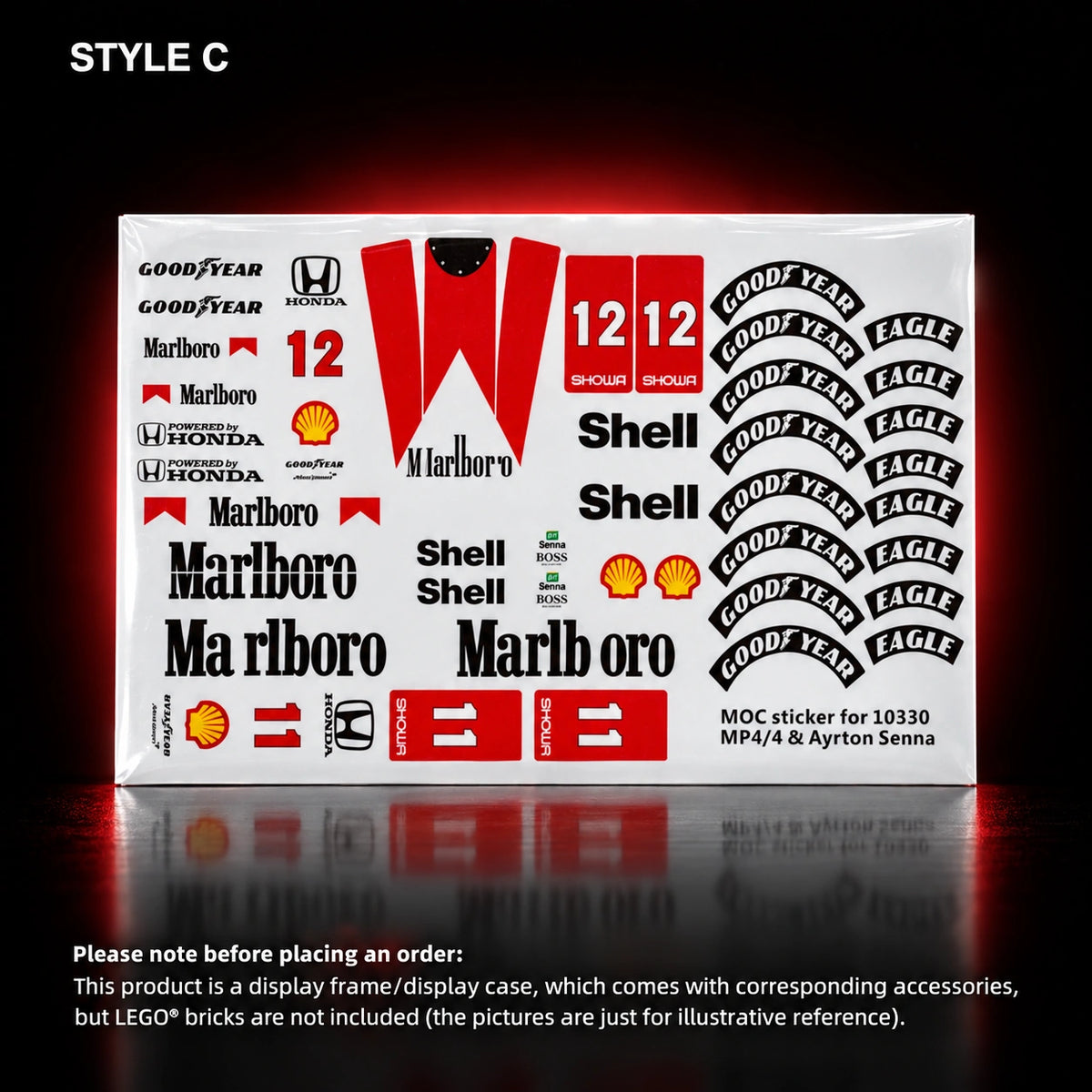 Decal sticker sheet for LEGO Icons F1 Legends 10330.